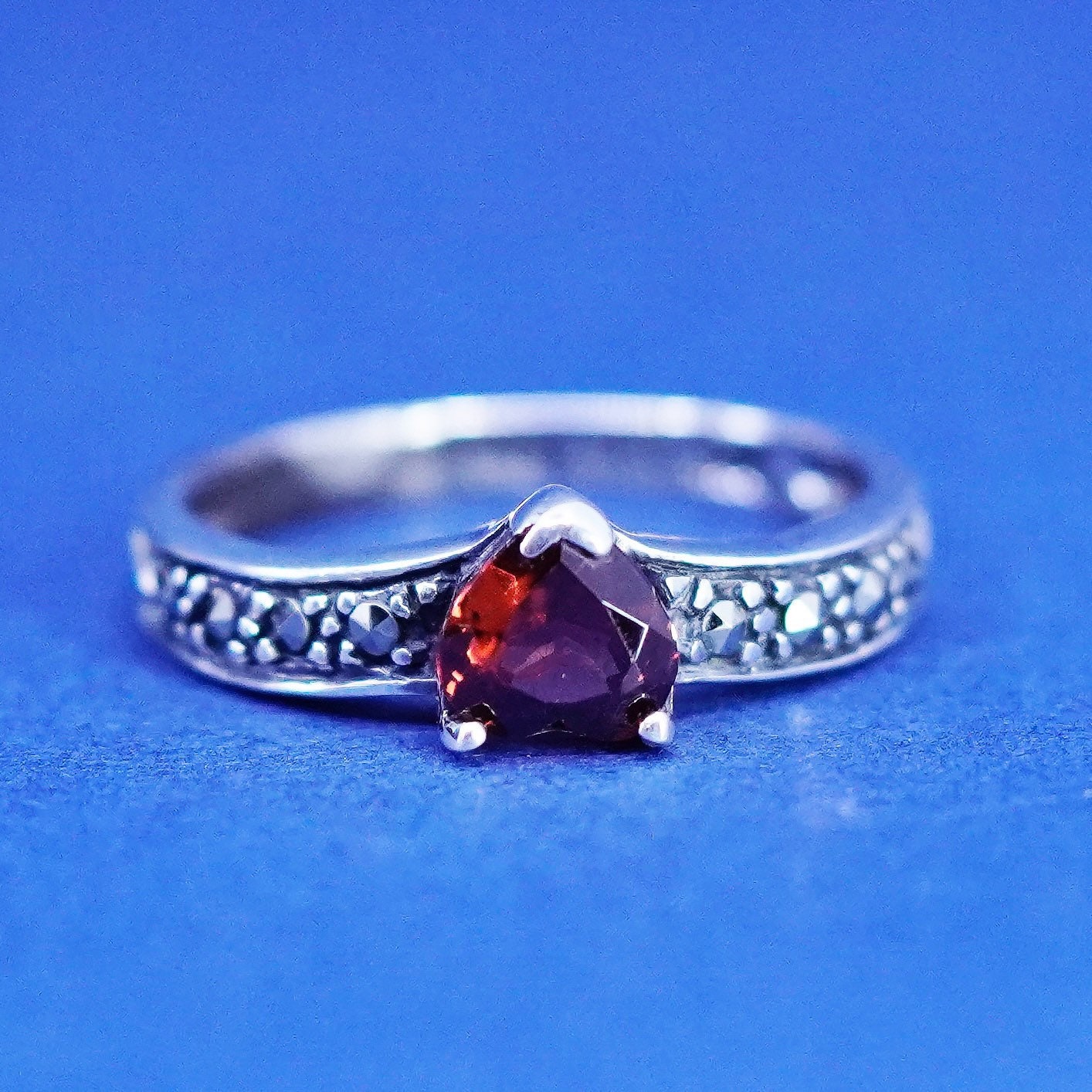 Size 7.25, Sterling silver handmade ring, 925 stackable band heart marcasite