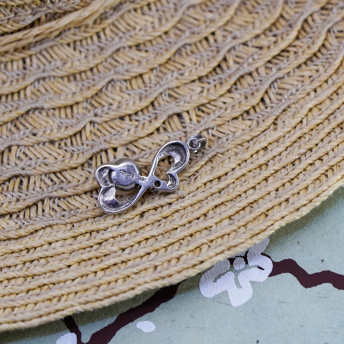 Vintage Sterling 925 silver double heart pendant with pearl and cz