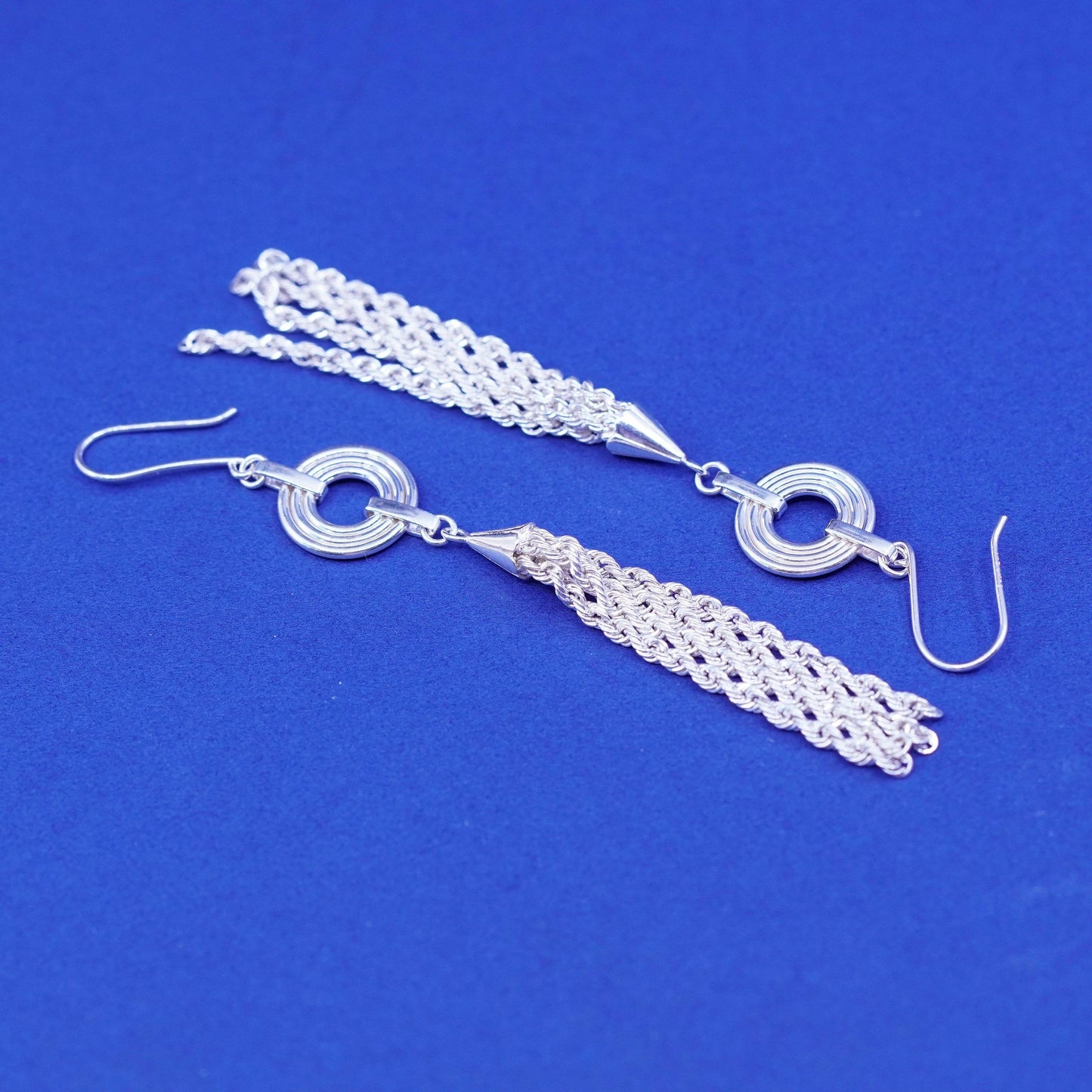 Vintage Peru 925 silver handmade earrings with rope chain fringe