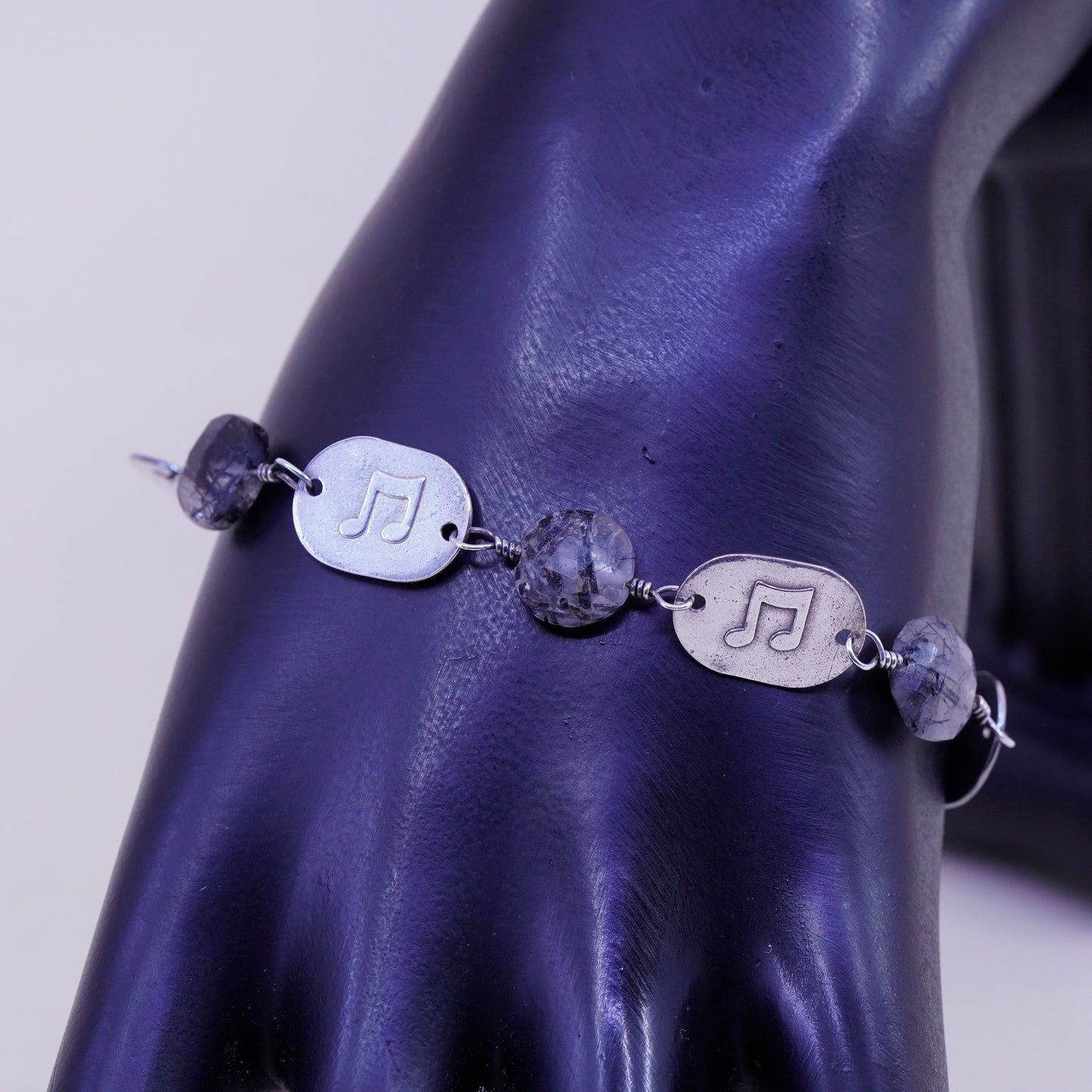 7.25”, vintage Sterling 925 silver handmade bracelet music discs Quartz