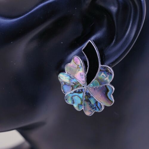 Vtg Taxco Sterling 925 Silver Handmade Screw Back Flower Earrings With Abalone