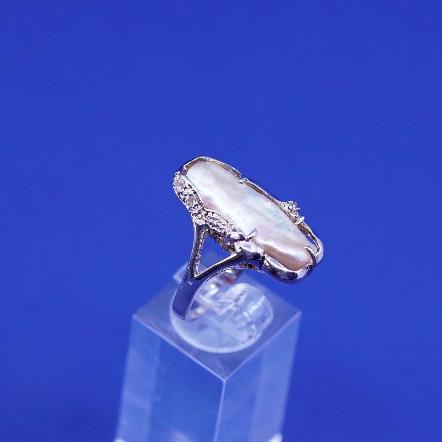 Size 10.25, vtg sterling 925 silver handmade statement ring with pearl and Cz