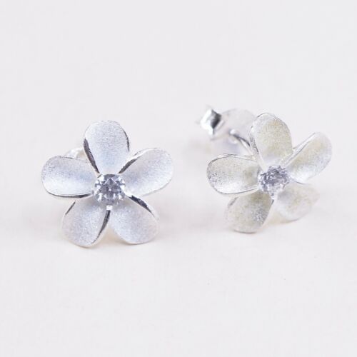Vintage Sterling Silver Handmade Earrings, 925 Silver Flower Studs W/ Cz