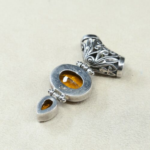 Vtg Handmade Sterling Silver .925 Bali Marquis Filigree Style Pendant W/ Citrine