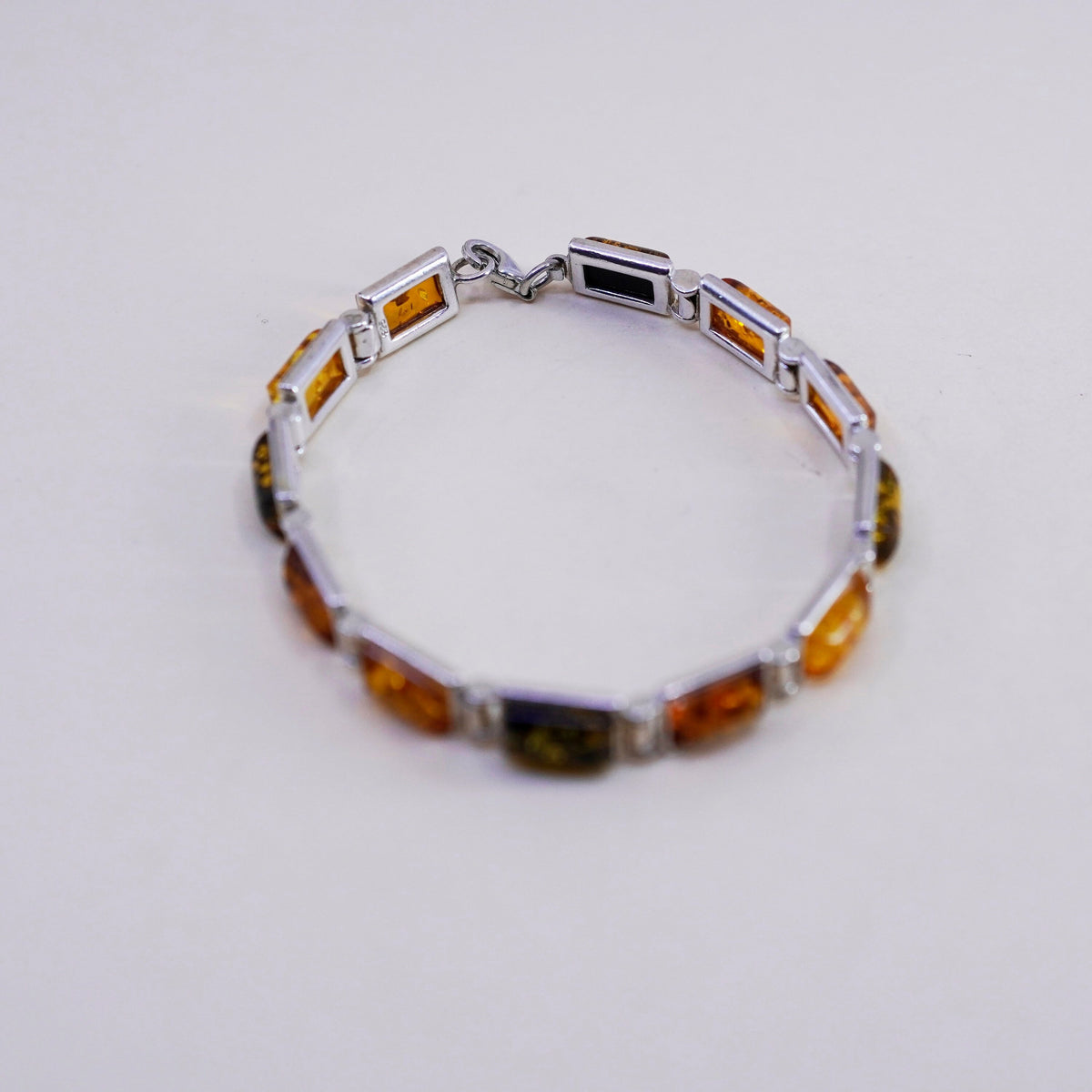 7”, Vintage sterling 925 silver handmade tennis bracelet with amber inlay