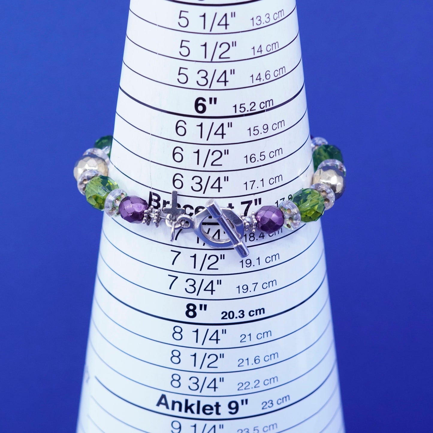 7”, Mexico sterling 925 silver handmade bracelet w/ crystal beads N toggle