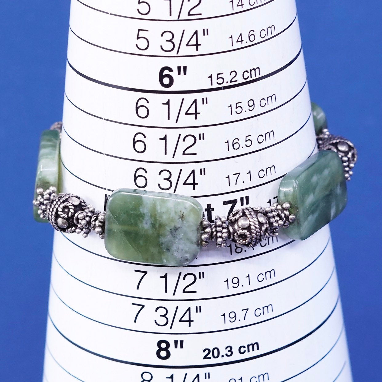 7", vtg Sterling silver handmade bracelet, 925 bar w/ jade