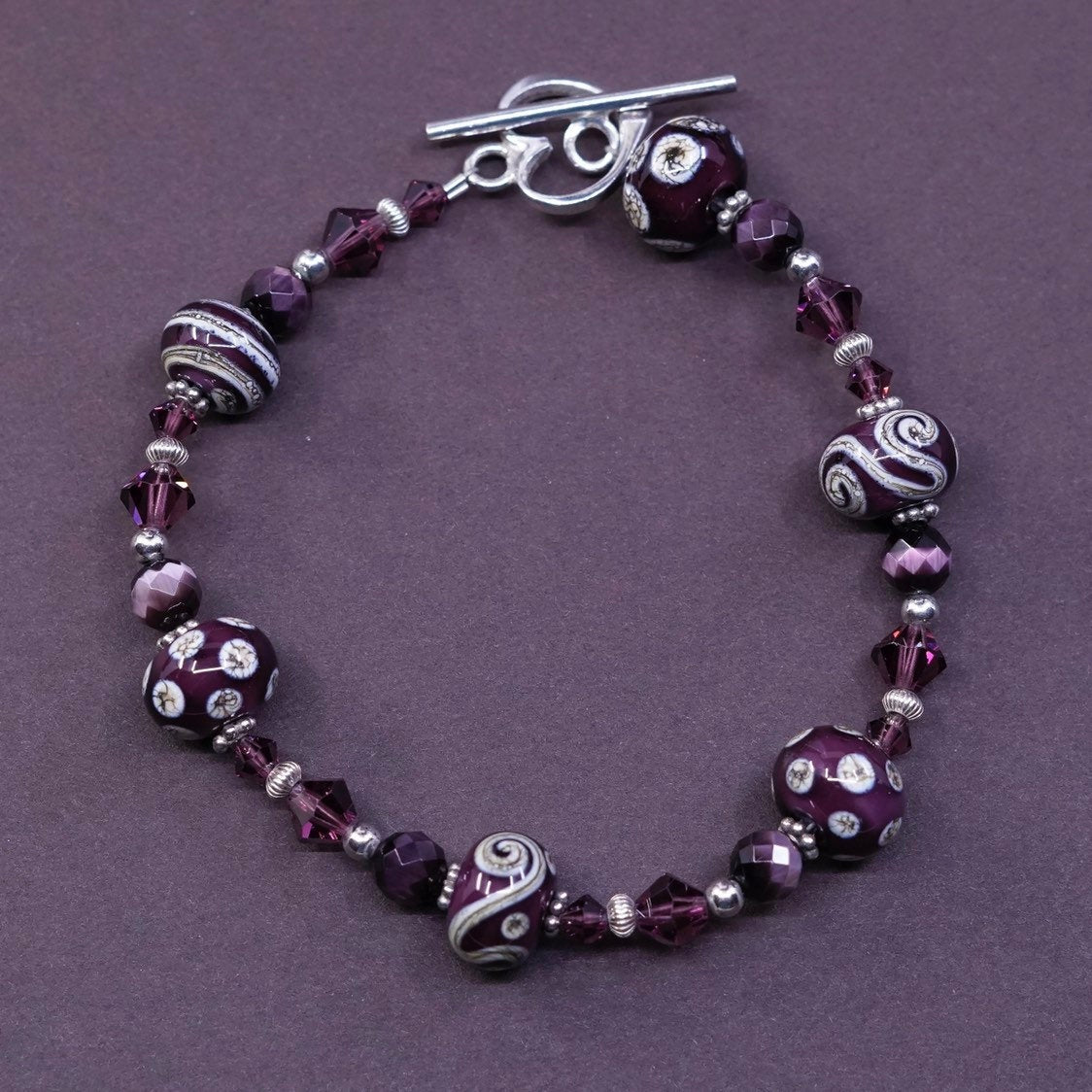 6.75”, vtg sterling 925 silver handmade chain, flower glass bead bracelet