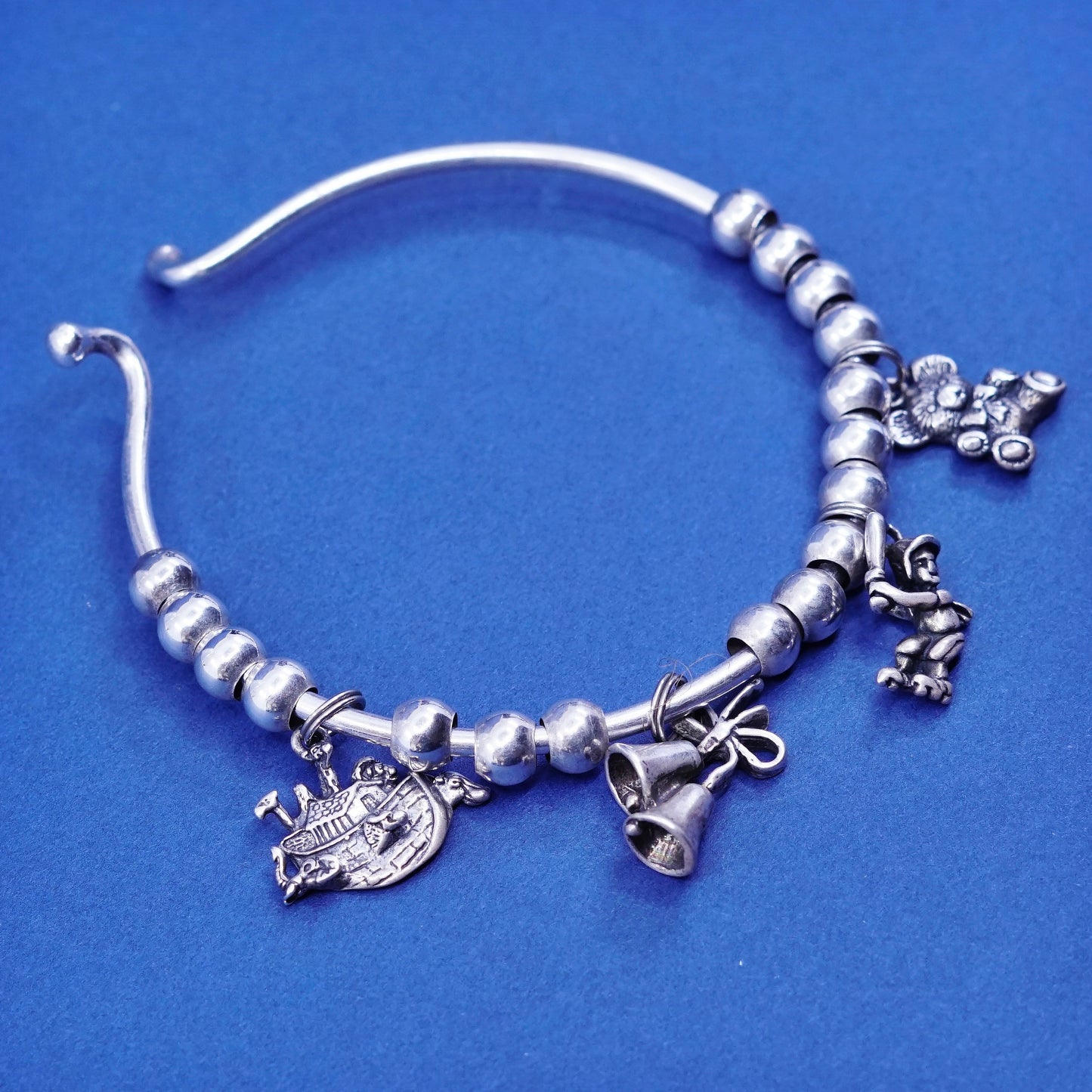 7”, southwestern Sterling silver bracelet, 925 beads bangle with Noah’s ark