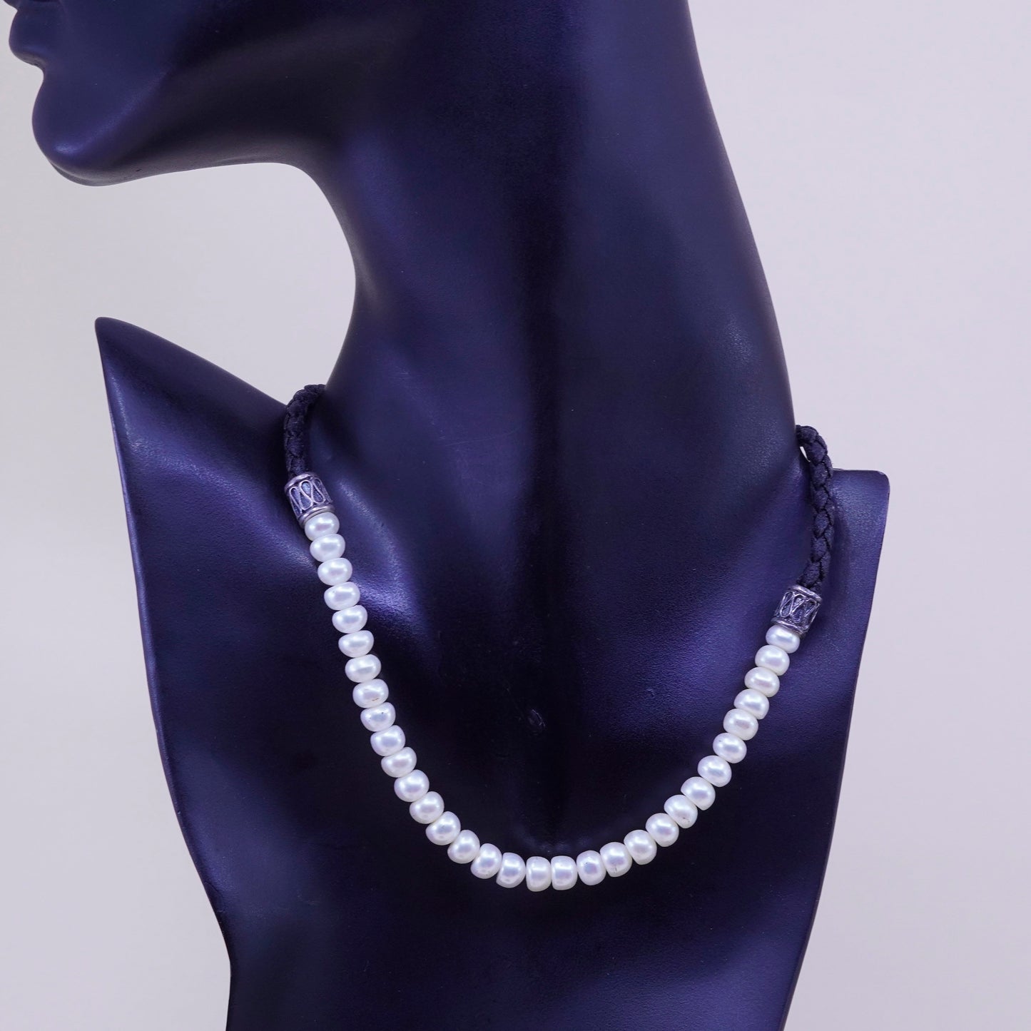 Vintage Braided Black Leather necklace with Pearl and Sterling 925 silver clasp