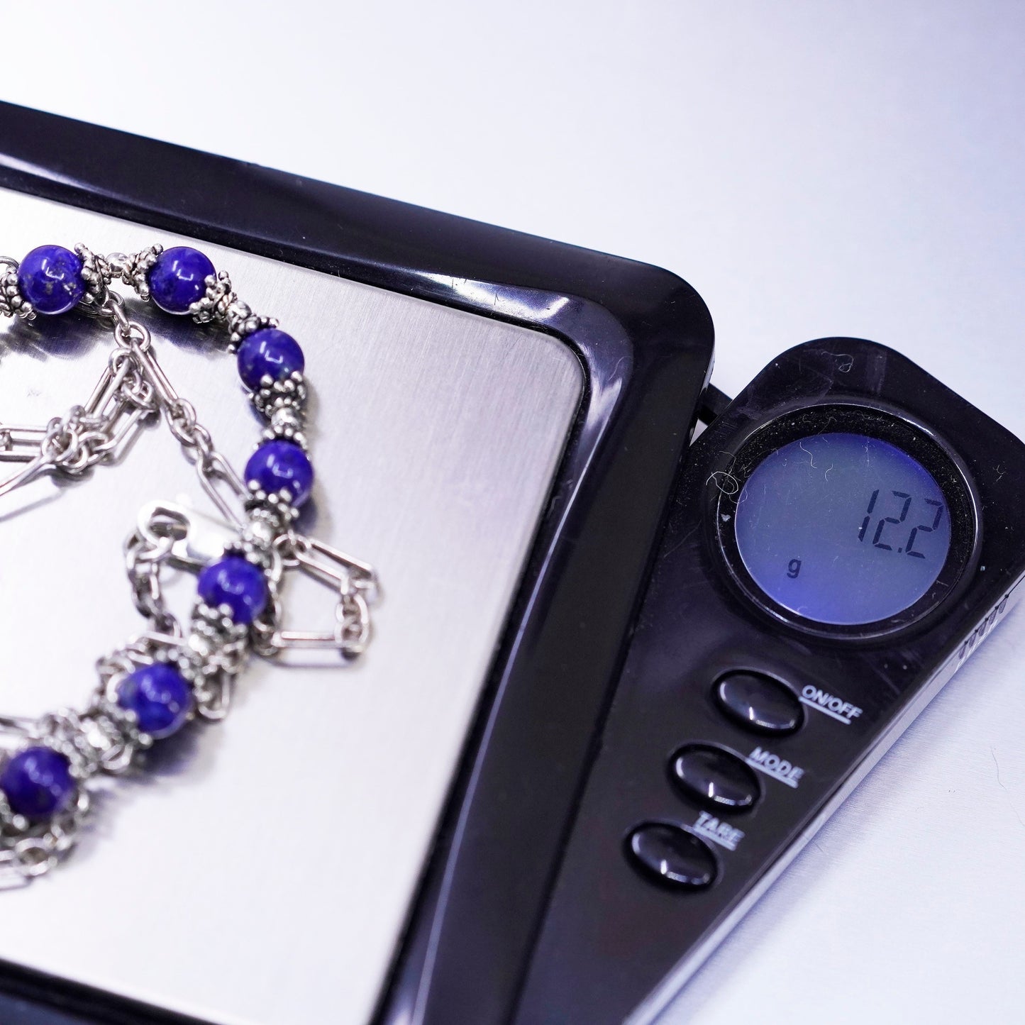 19”, Sterling 925 silver handmade elongated necklace with lapis lazuli beads