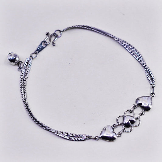 7.5”, Sterling Silver Handmade Bracelet, 925 curb chain with heart bell chime