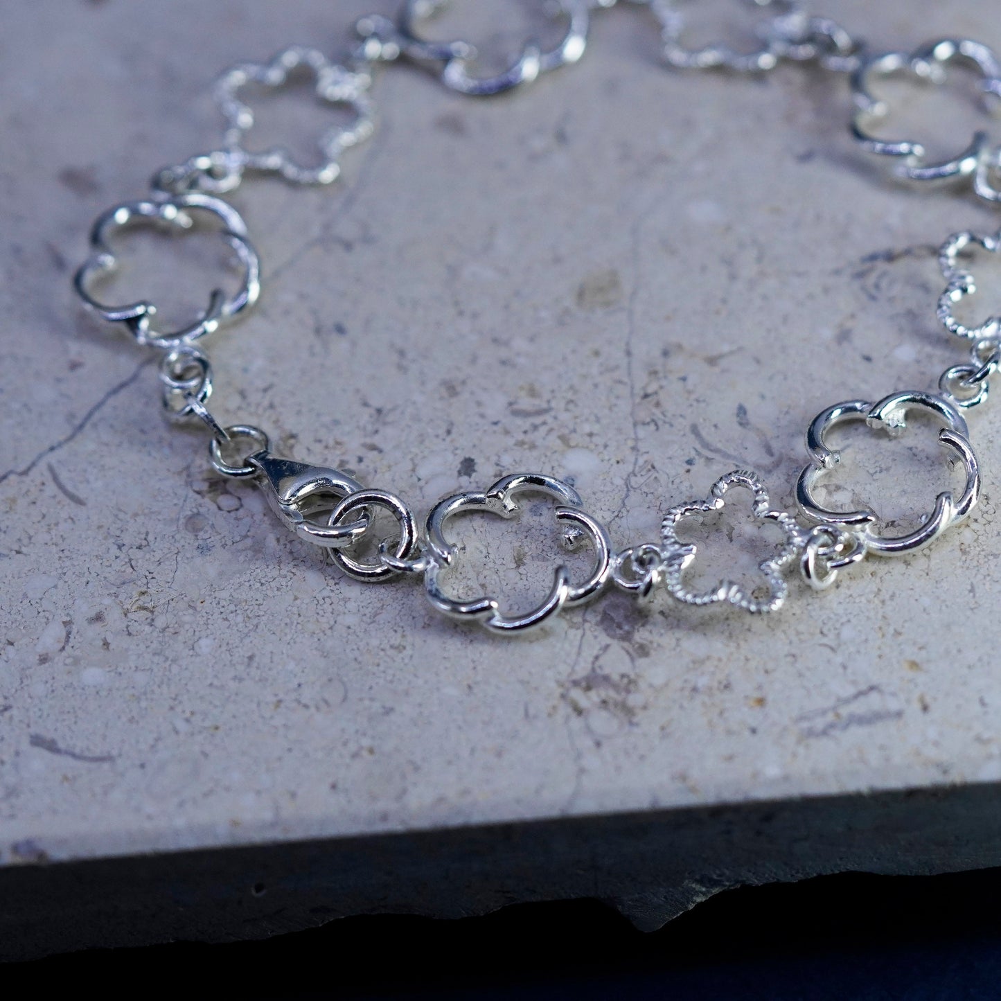 7”, vintage Sterling silver handmade bracelet, 925 flower link chain