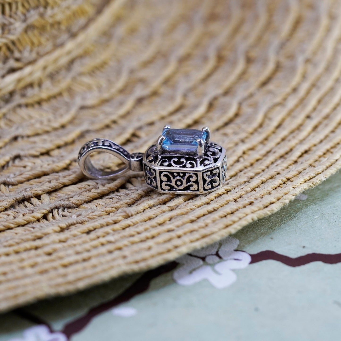 Vintage Sterling 925 silver handmade filigree pendant with blue topaz