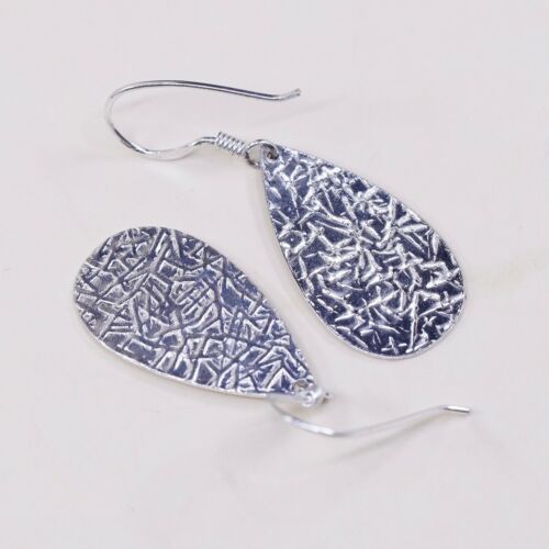 vtg Modernist Hammered Sterling Silver Teardrop Dangles Earrings, Stamped 925
