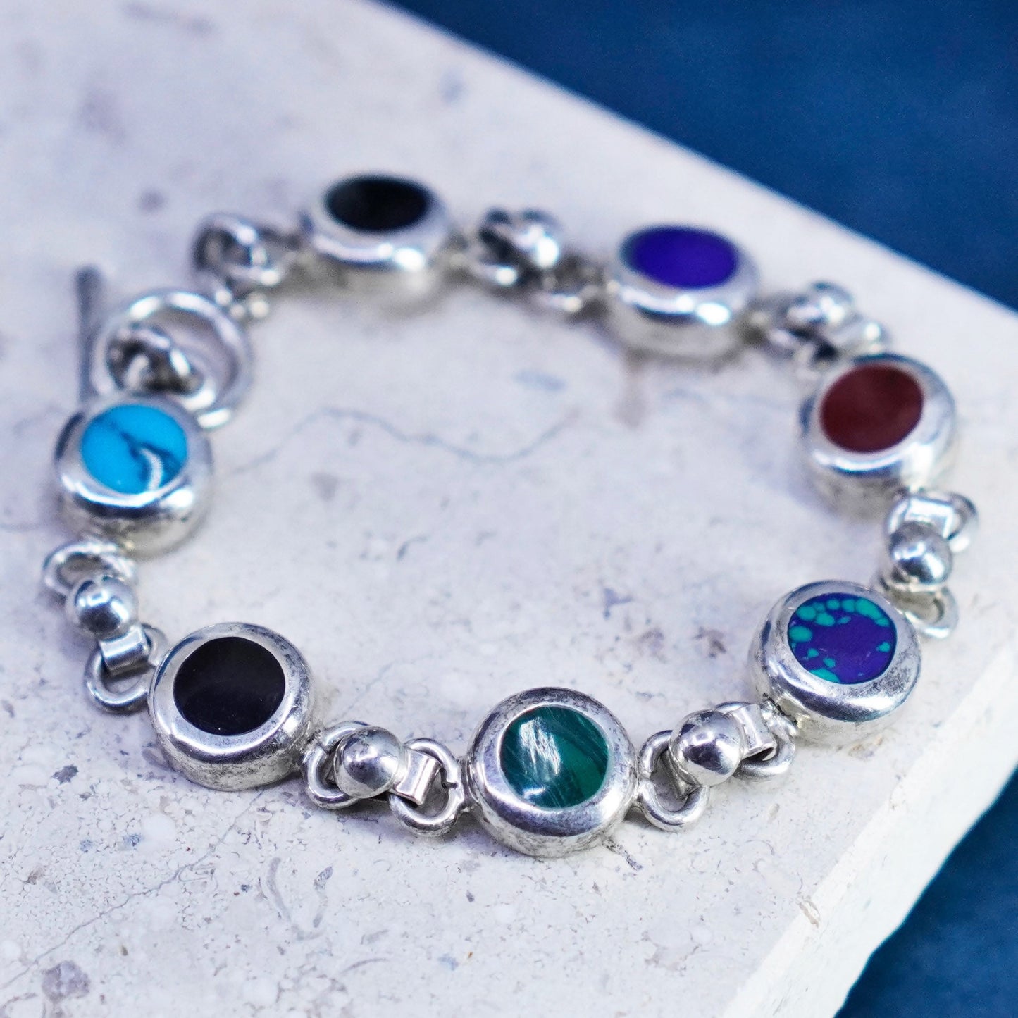 7.25”, Sterling 925 silver handmade tennis bracelet w/ turquoise onyx malachite