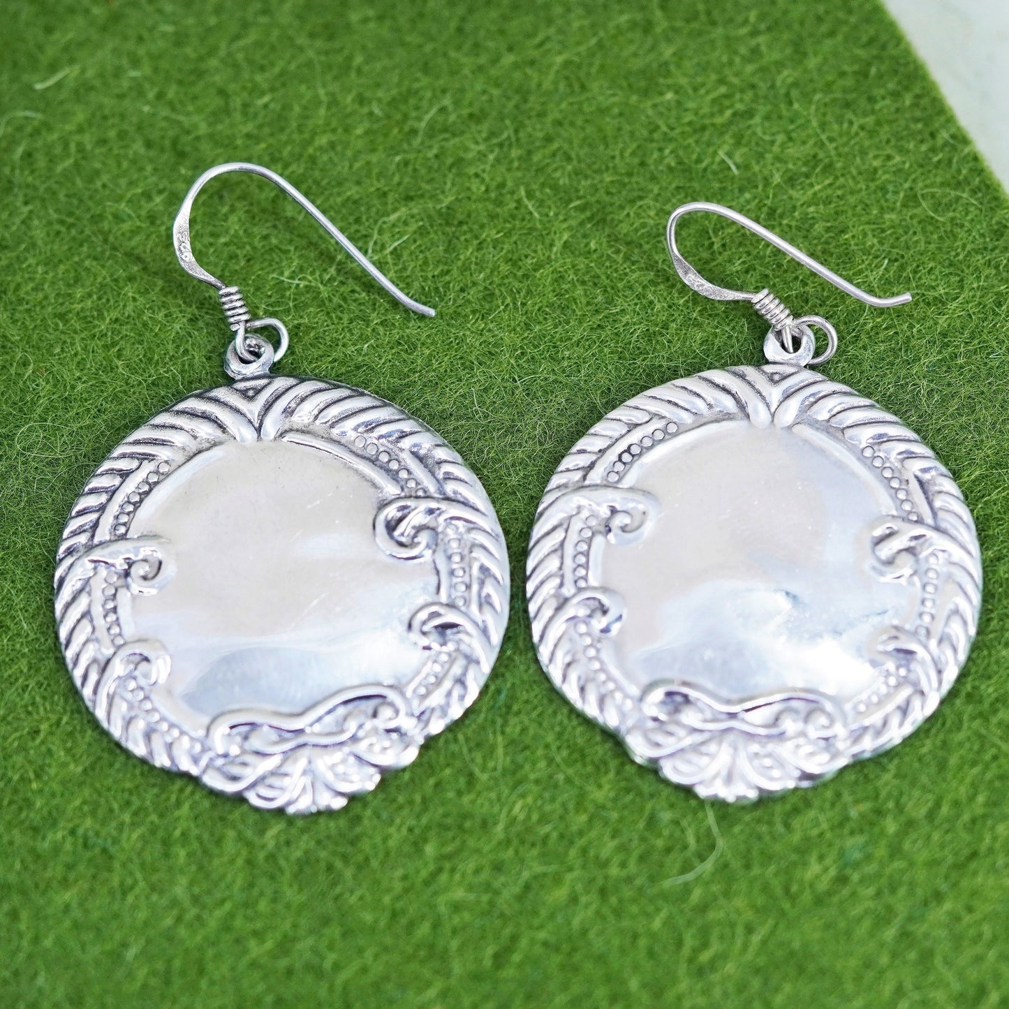 Vintage modern sterling silver handmade earrings, textured 925 tag dangles
