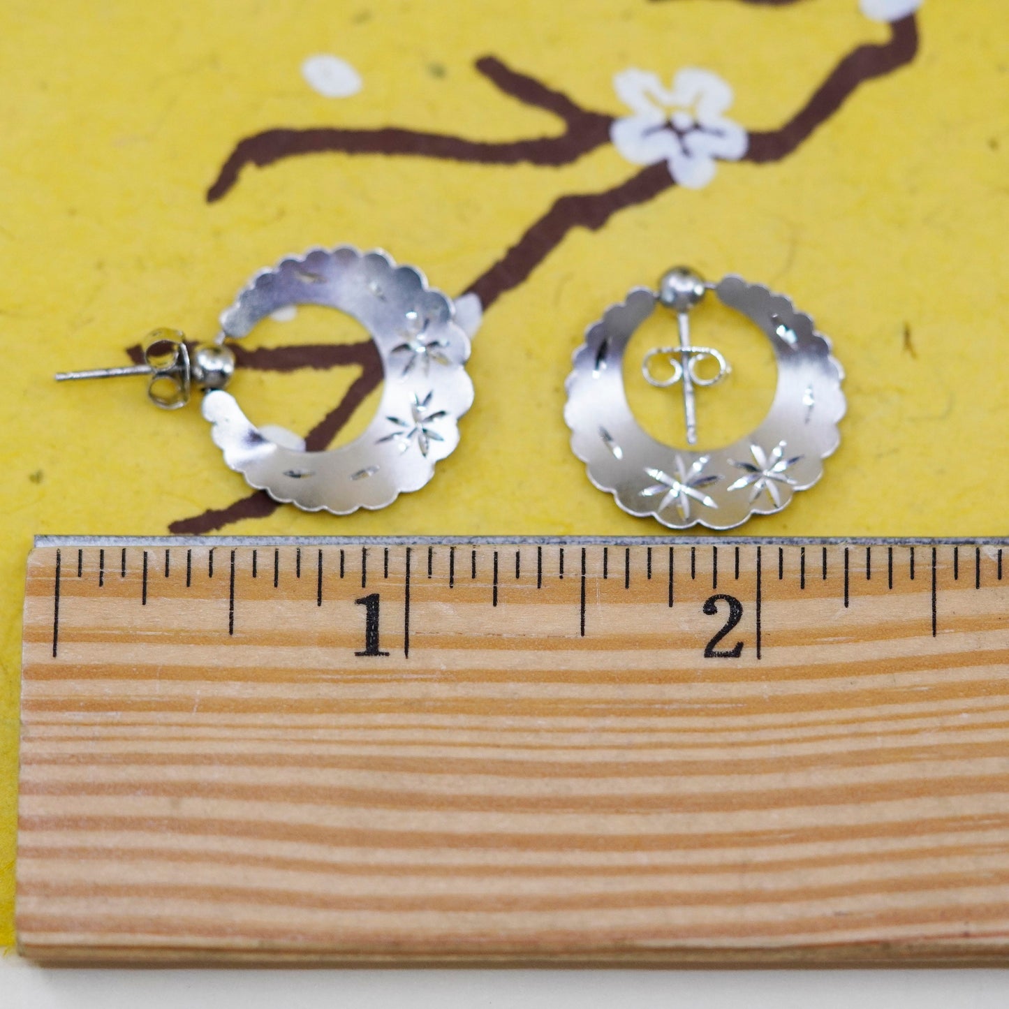Vintage Sterling 925 silver handmade studs, earrings engraved flower