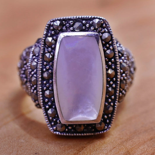 Size 6, vintage Sterling 925 silver handmade ring with moonstone marcasite