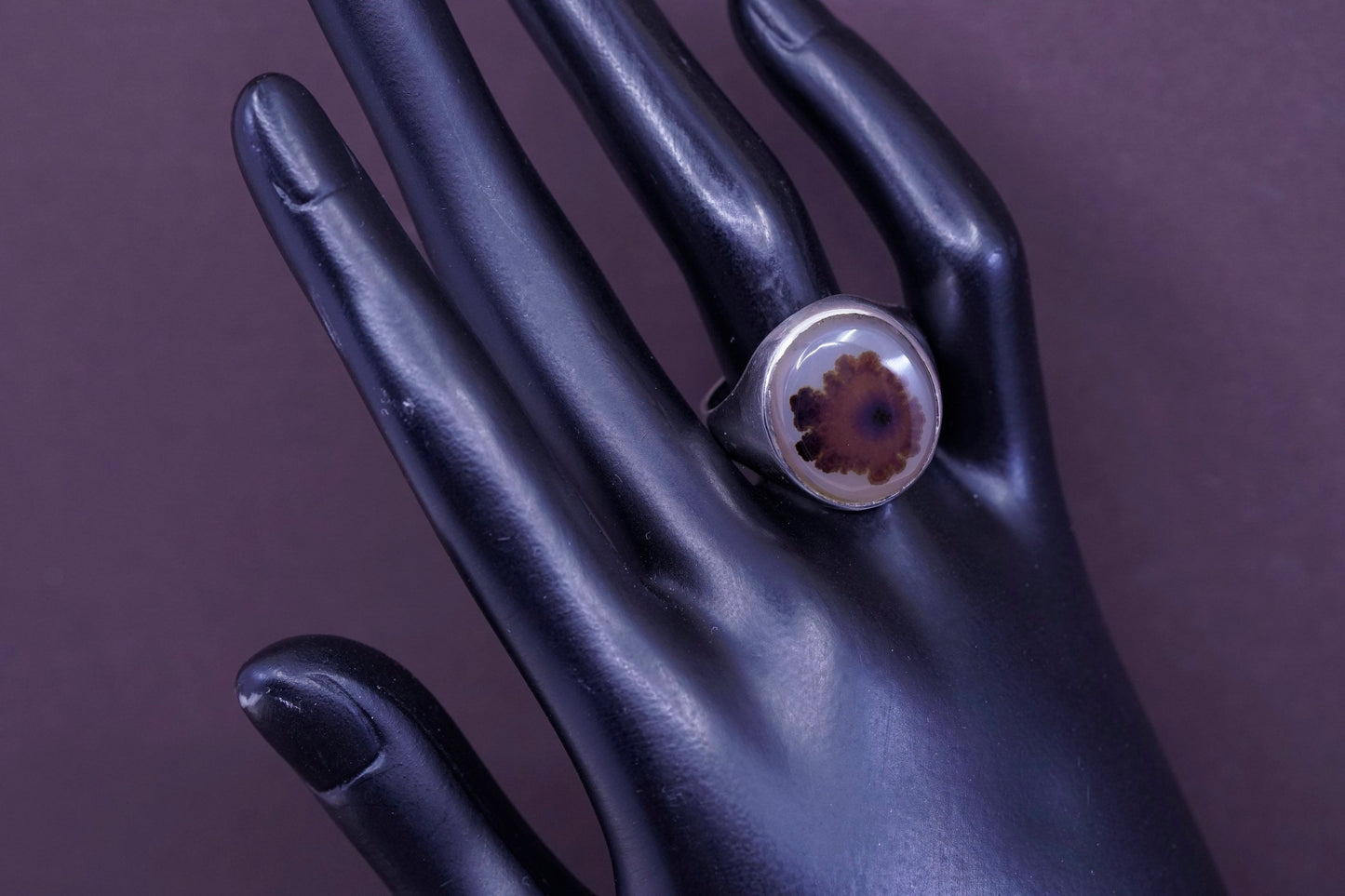 sz 11, vtg Sterling 925 silver handmade ring with wood pattern dendritic agate