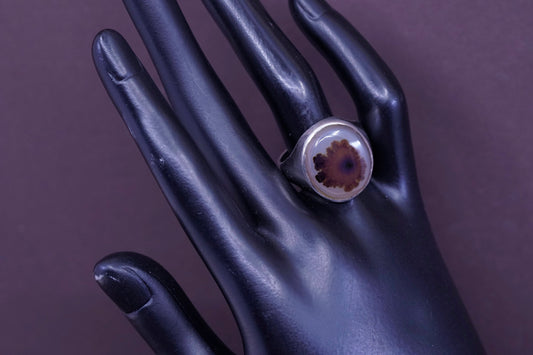 sz 11, vtg Sterling 925 silver handmade ring with wood pattern dendritic agate
