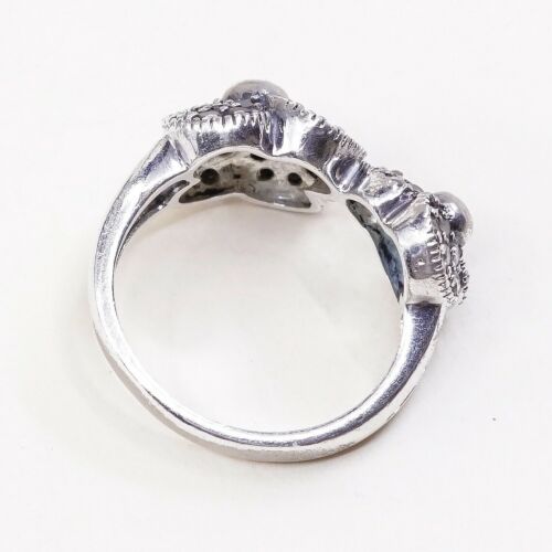 Sz 6.75, Vtg Sterling Silver Handmade Ring, 925 W/ Cluster Black Diamond Flower