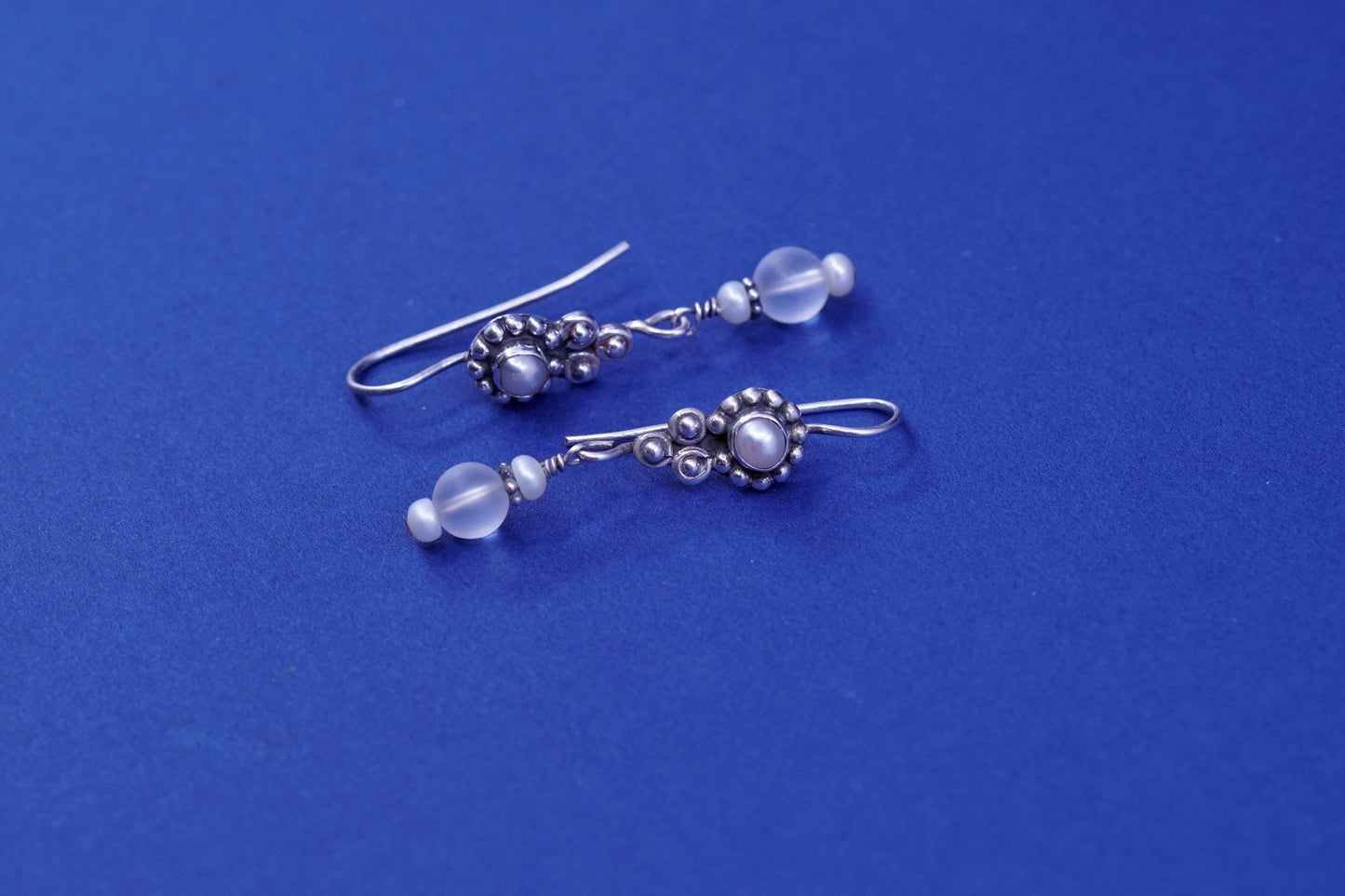 Vintage Sterling silver handmade earrings, 925 drops with pearl crystal beads