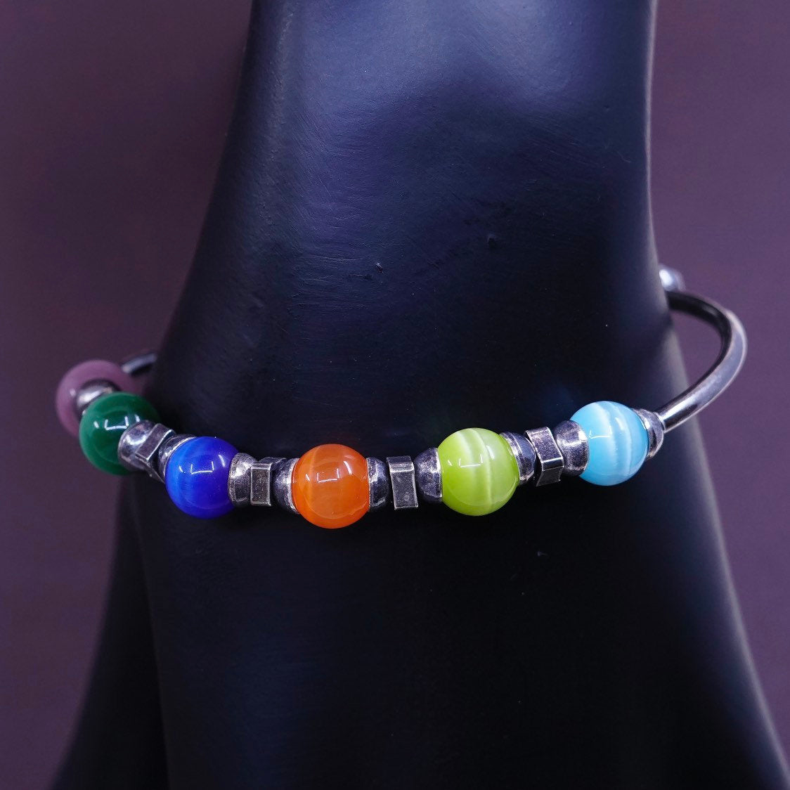 6.5”, Sterling silver handmade bracelet, 925 bangle w/ rainbow tiger eye beads
