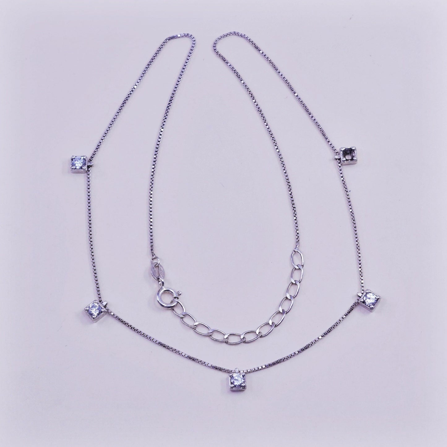 16+2”, vintage sterling silver box chain necklace with cz