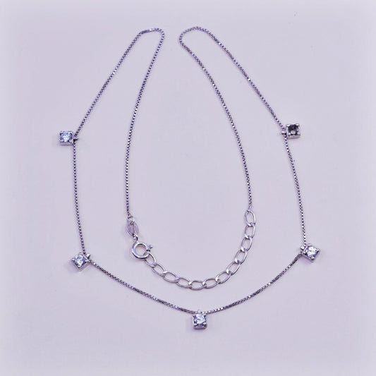 16+2”, vintage sterling silver box chain necklace with cz