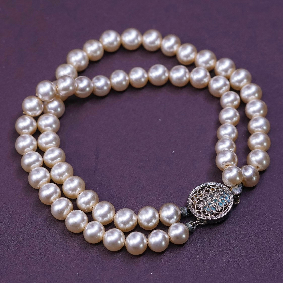 6.75”, vtg double strands Sterling silver handmade bracelet, 925 clasp w/ pearl