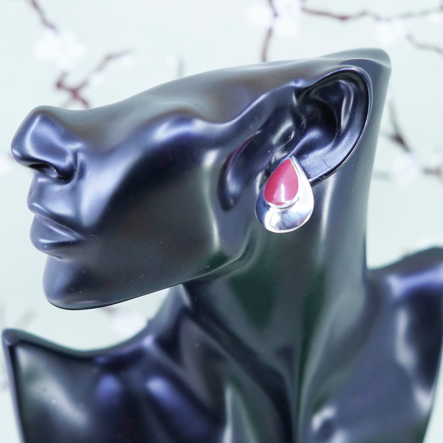 Vintage Sterling silver handmade earrings, Mexico 925 teardrop with red onyx