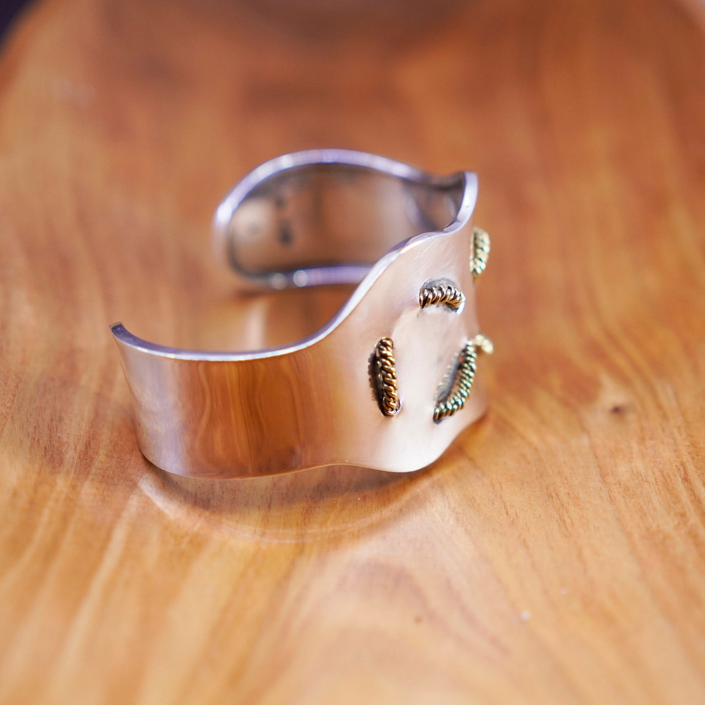 6.75”, mexico two tone Sterling silver handmade bracelet, wide 925 cuff cable