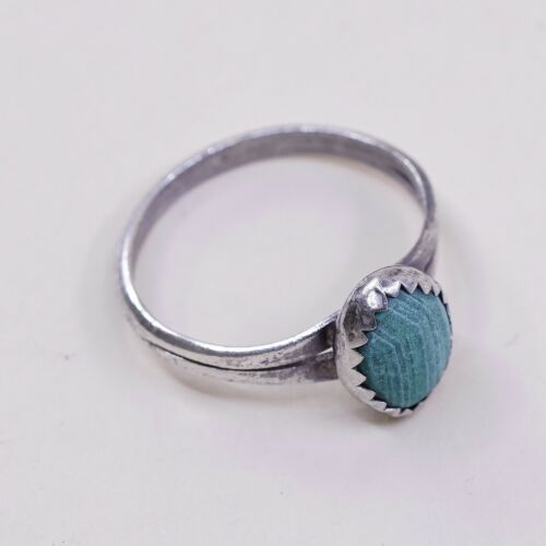 Sz 4.75, Vtg Sterling Silver Handmade Ring, 925 Silver Band W Malachite Inlay