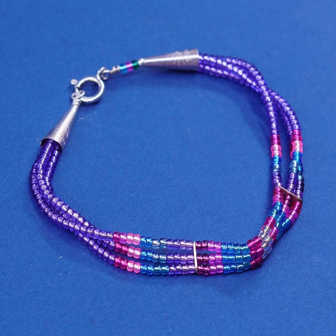 6.75”, Southwestern sterling 925 silver handmade bracelet w/ pink crystal beads