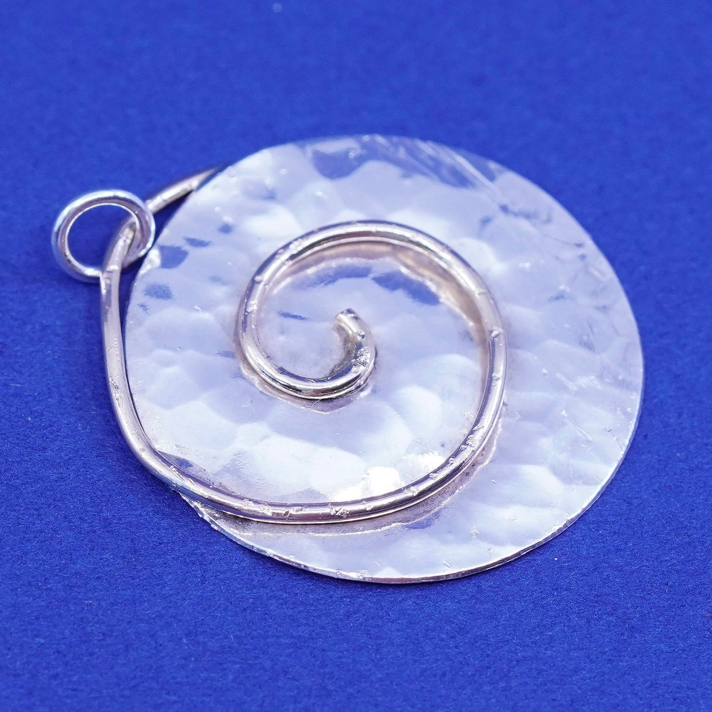 two tone Sterling silver pendant, 925 hammered circle charm with brass swirl