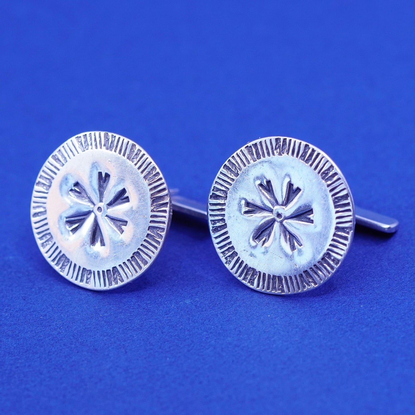 sterling silver Handmade cufflinks, antique Mexico round flower 925 cuff links