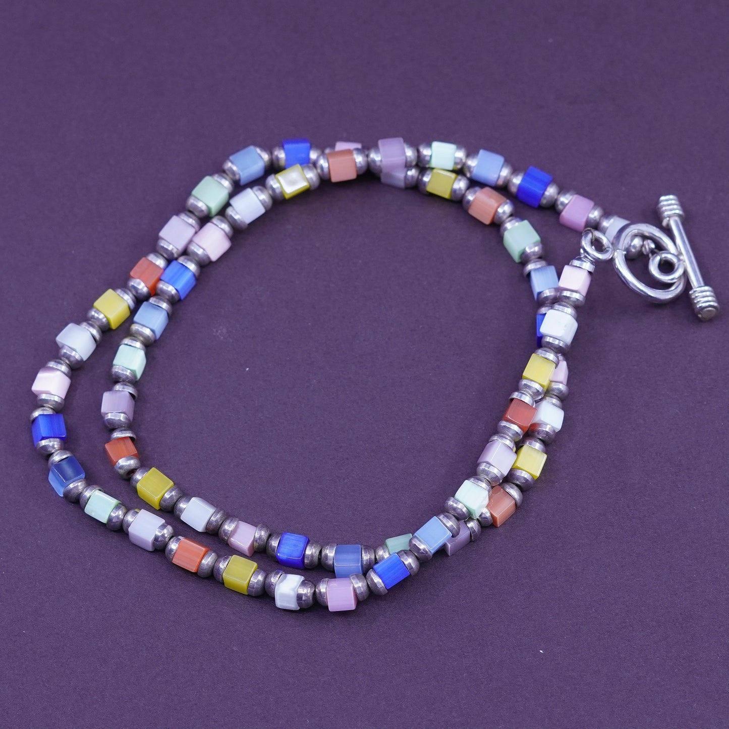 18”, sterling silver handmade necklace, 925 heishi chain with cats eye beads