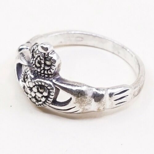 Sz 4, Vtg Solvar Sterling Silver Handmade Ring, 925 claddagh Heart W/ Marcasite