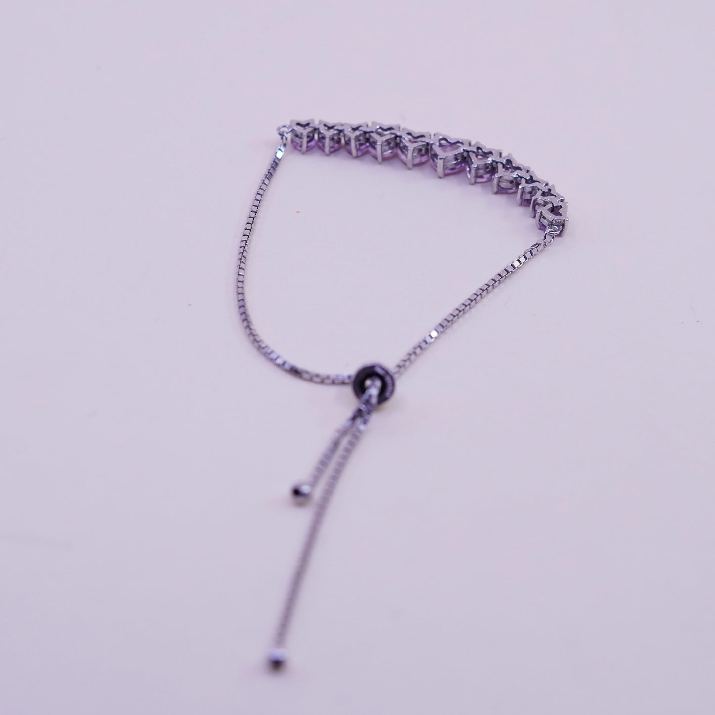 Size adjustable, Vintage sterling silver bracelet, 925 box chain heart amethyst