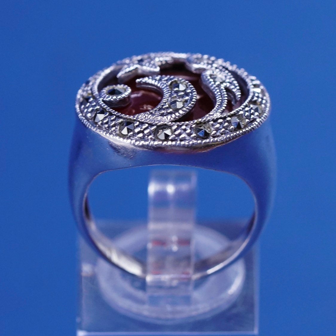 sz 7, vtg sterling silver handmade ring, 925 w/ carnelian N Marcasite moon star