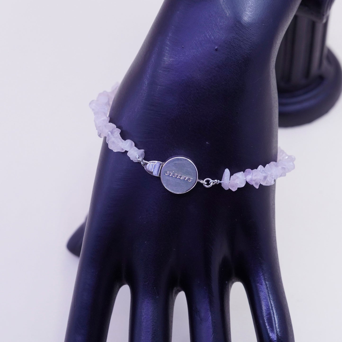7”, Vintage handmade Sterling 925 silver bracelet, pink rose quartz nuggets