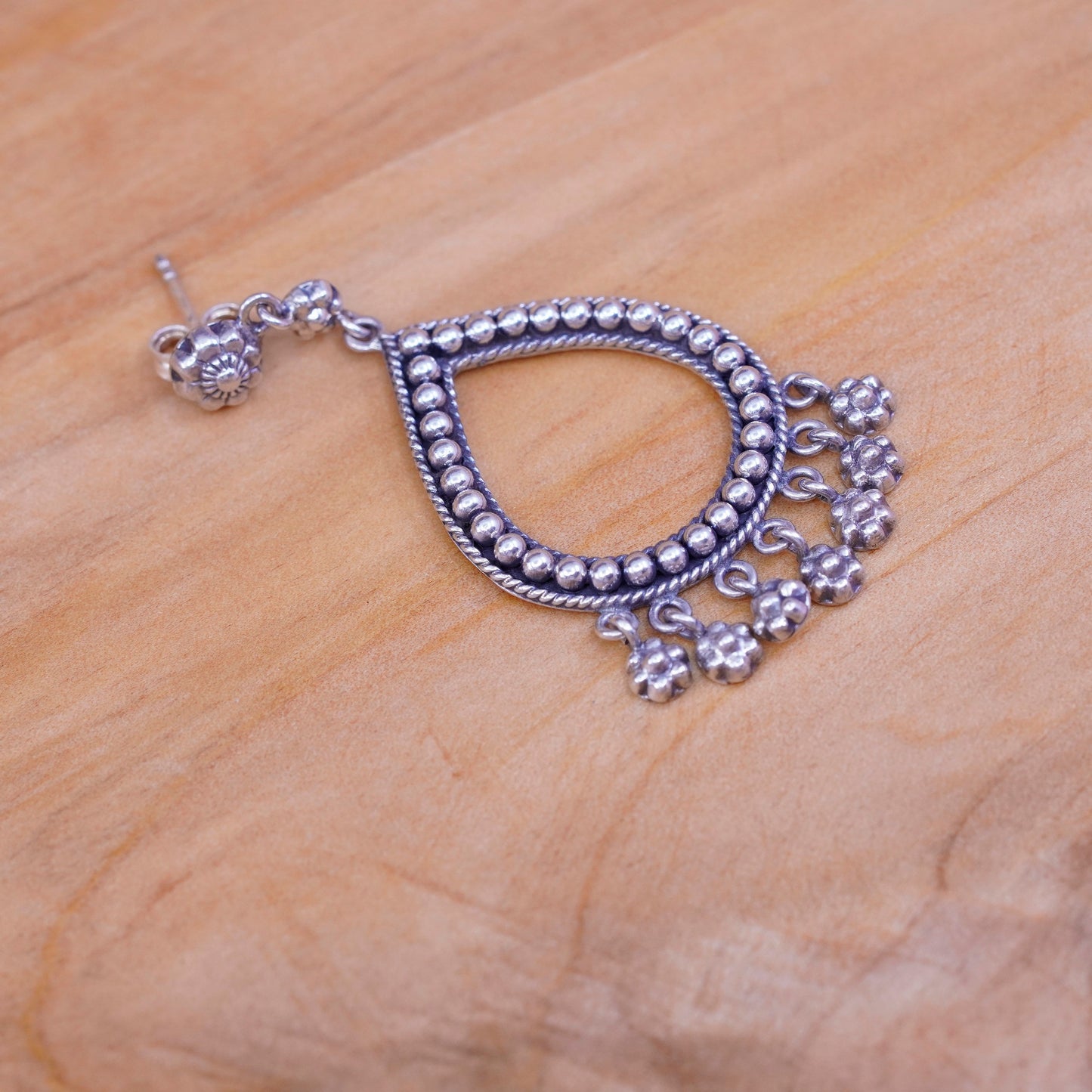Sterling silver earrings, 925 teardrop with beads details and flower dangles