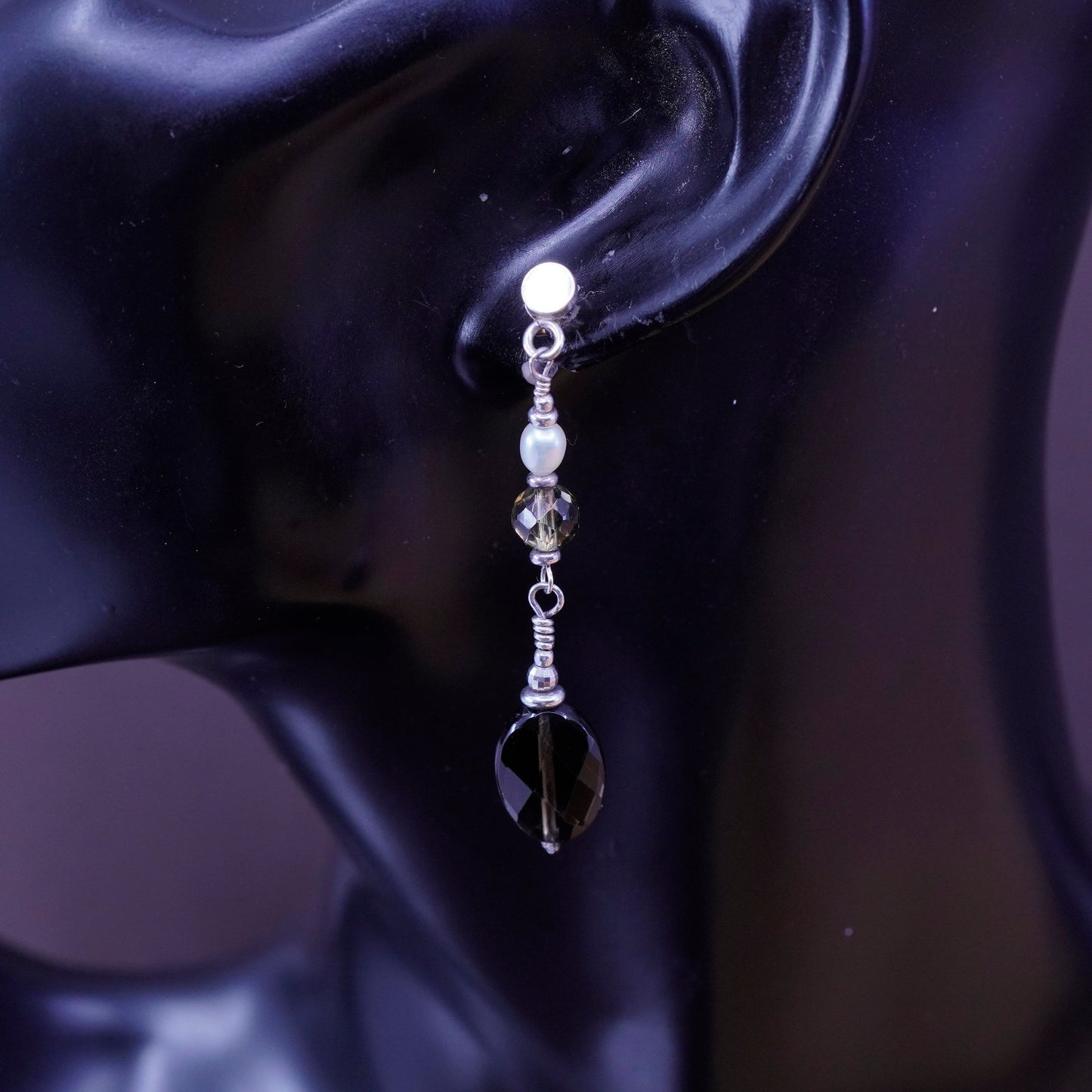 Vintage Sterling 925 silver handmade earrings with oval smoky topaz and pearl