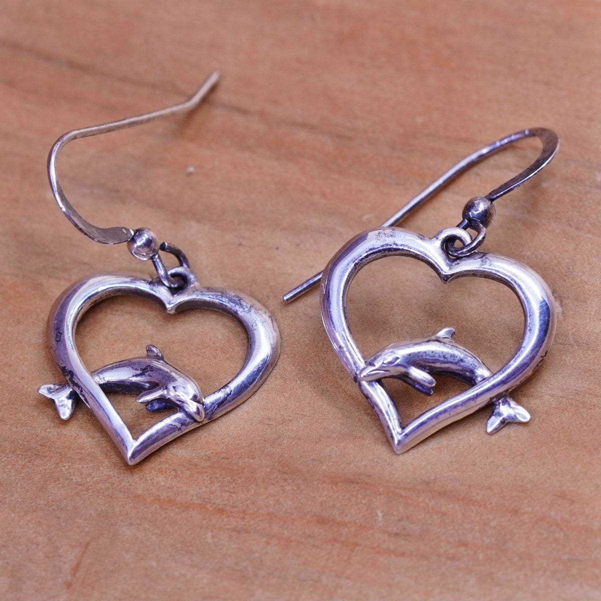 Vintage Sterling silver handmade earrings, 925 heart drops with dolphin