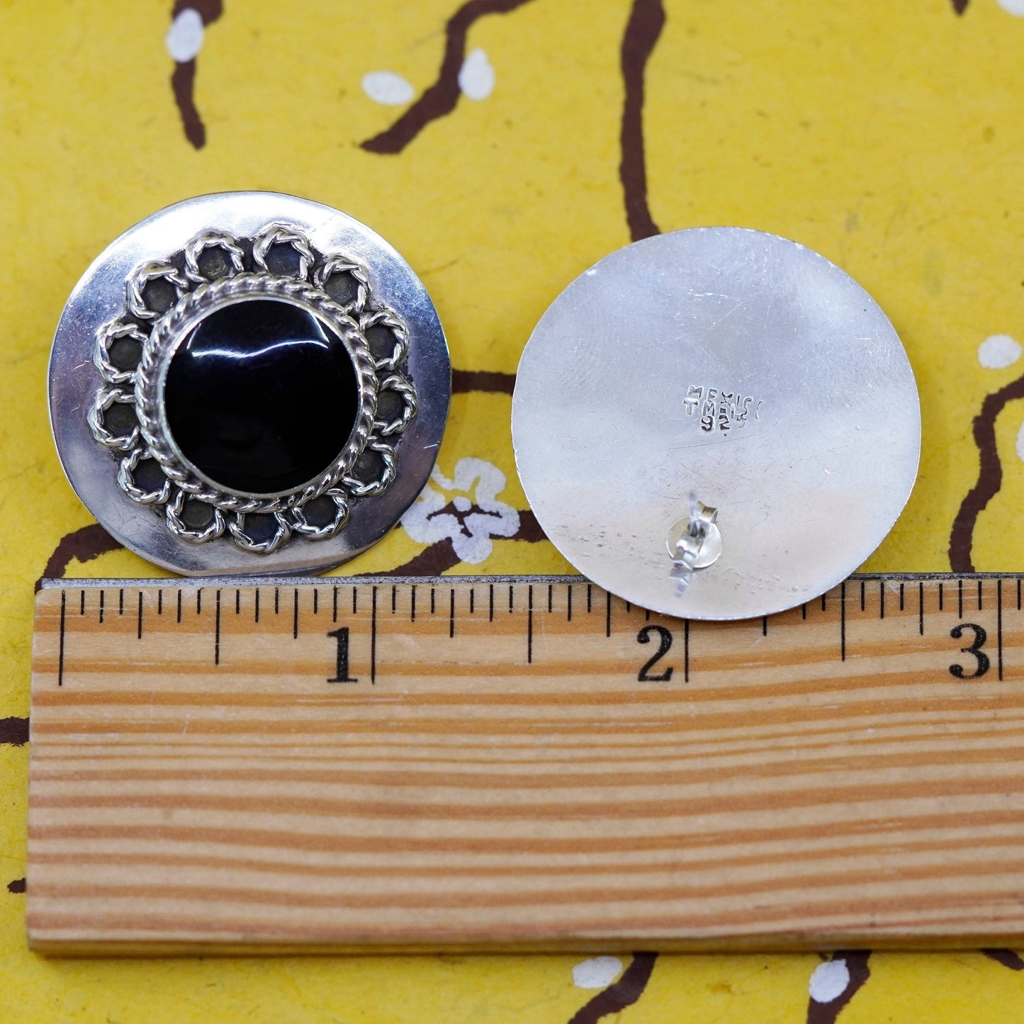 Mexico Sterling silver earrings, huge 925 studs with round obsidian and cable