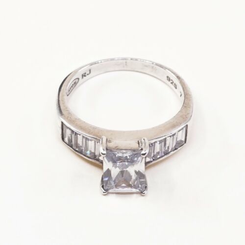 Sz 7.5, Vtg Sterling Silver Ring, 925 Silver Engagement Ring W/ Crystal