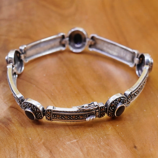 7.25”, vintage Sterling silver handmade bracelet, 925 tennis marcasite obsidian