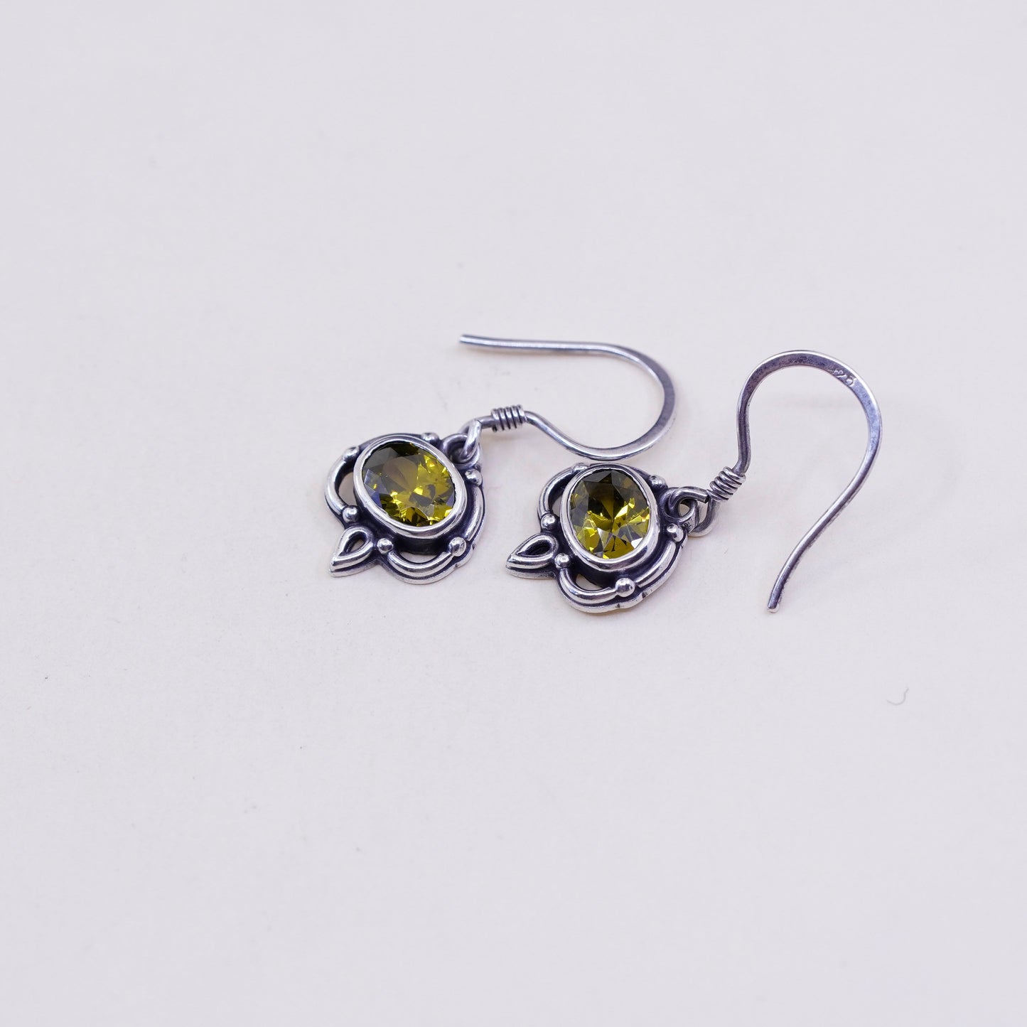 Vintage handmade sterling 925 silver olive green crystal earrings with beads