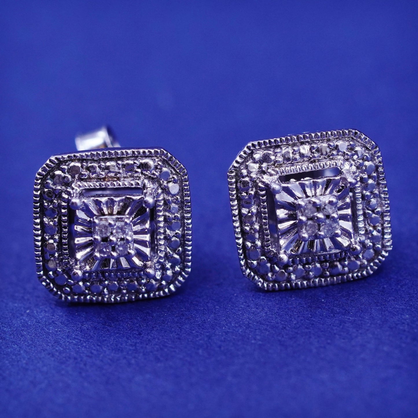 Vintage sterling silver handmade earrings, 925 studs with cluster diamond